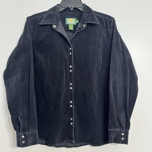 Cabelas Vintage Corduroy Jacket Black Size Medium Snap Button Collar Long Womens